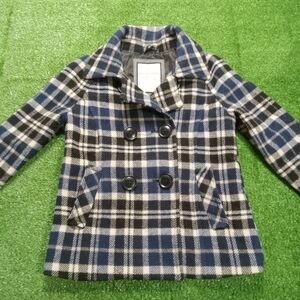 Aeropostale Plaid Navy Blue Pea Coat Style Jacket Wool Blend S/P Very Chic
